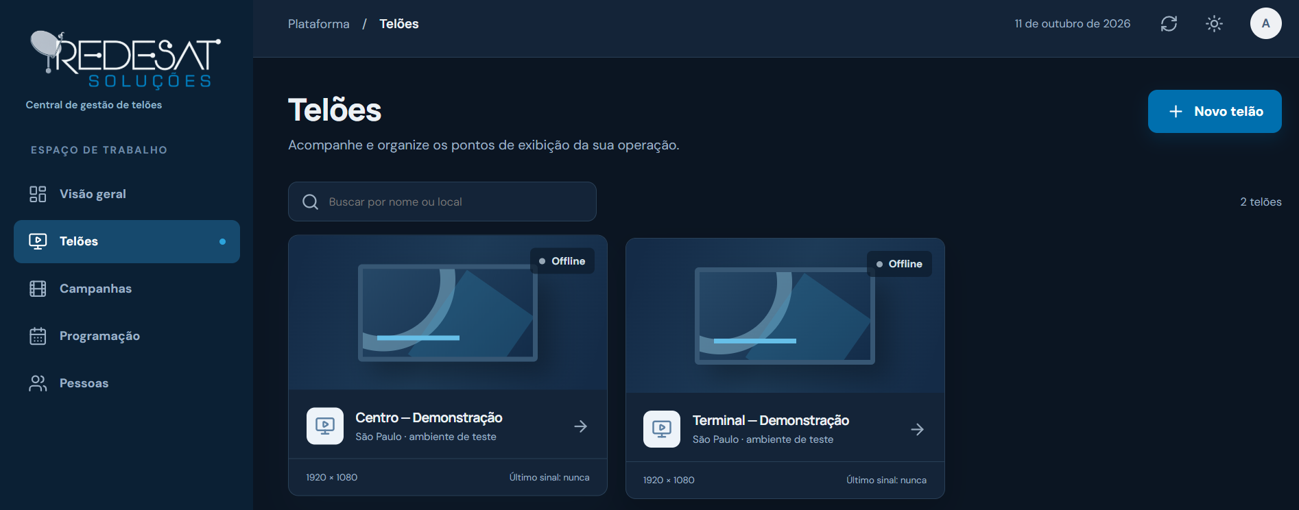 Tela de telões da Central-RedeSat com dois pontos de demonstração