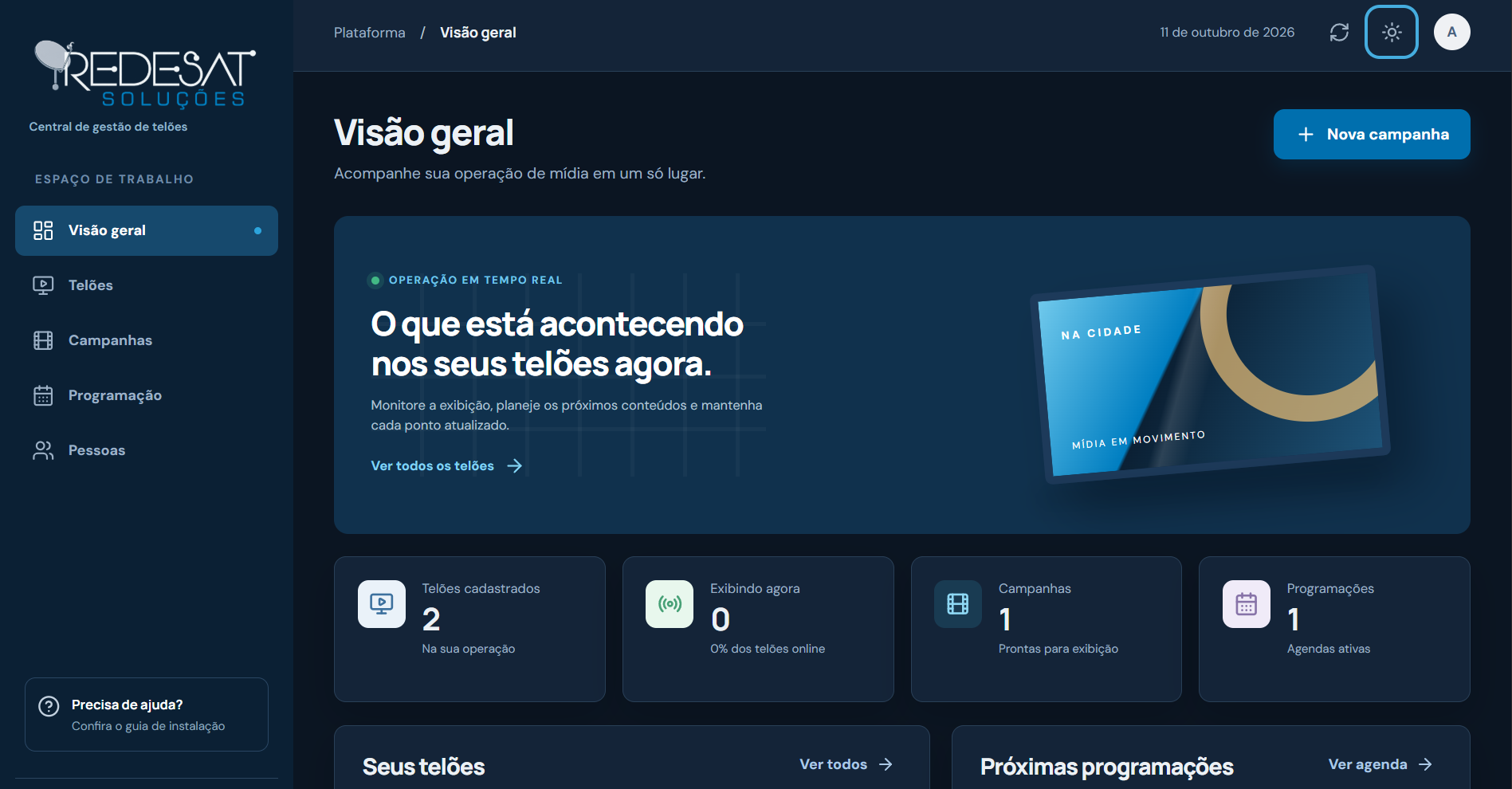 Tela de visão geral da Central-RedeSat com resumo de telões, campanhas e programações de demonstração